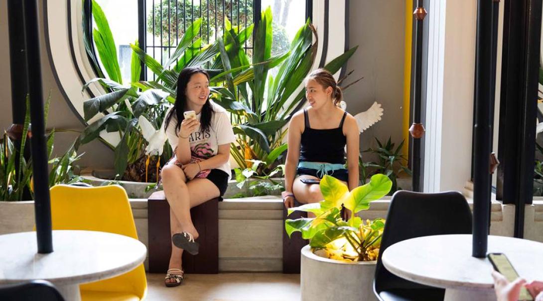 High School interns relaxing at the hotel in their free time in Cambodia